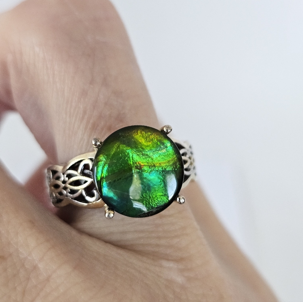 Rare Natural Ammolite Ring Sterling Silver & Platinum Finish. Size 8